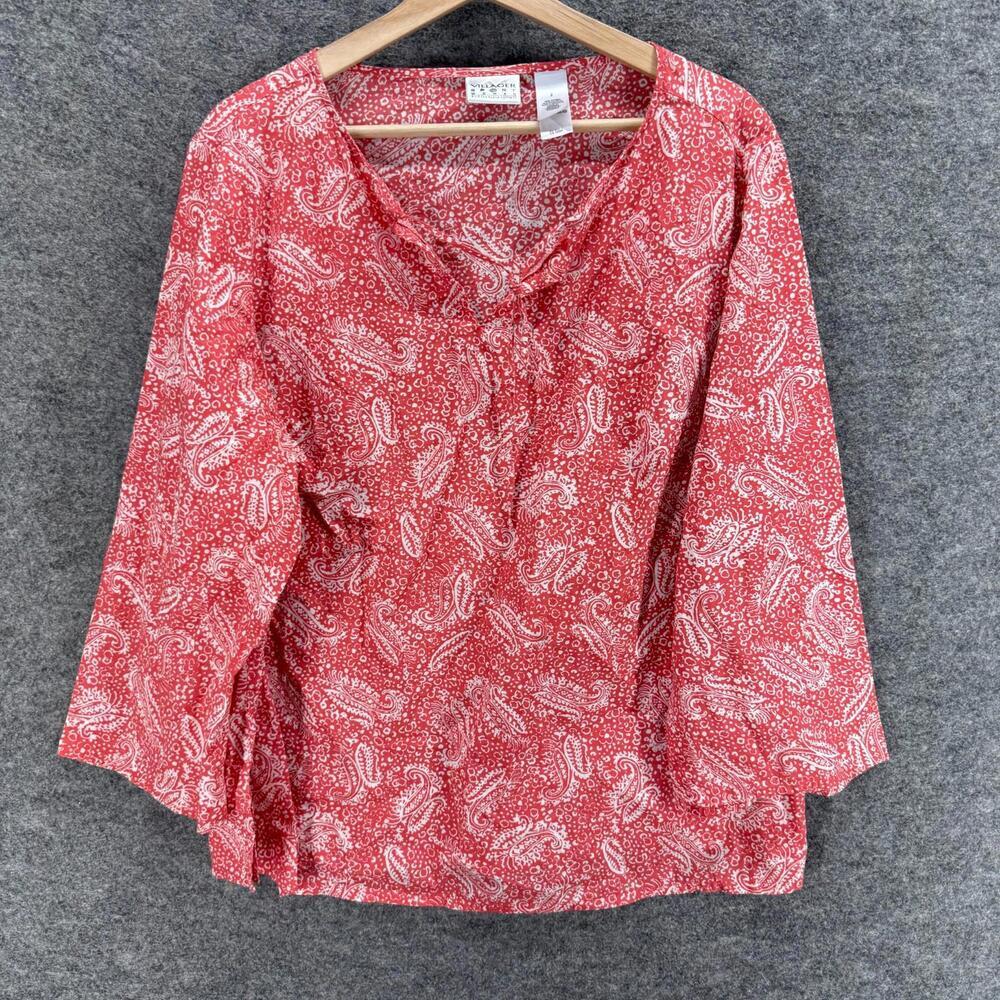 Villager Blouse Women 2 Pink Paisley V-Neck Long Sleeve Cotton Pullover Casual